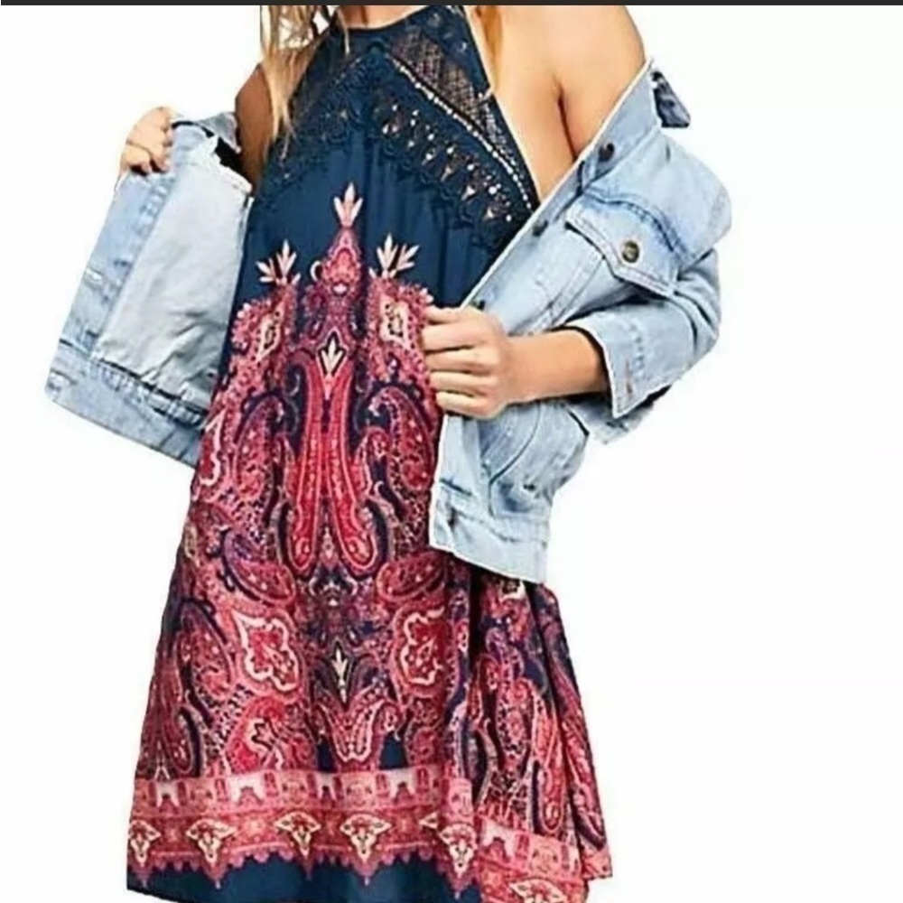 Free People Shea printed Navy Pink crocheted strappy tunic dress